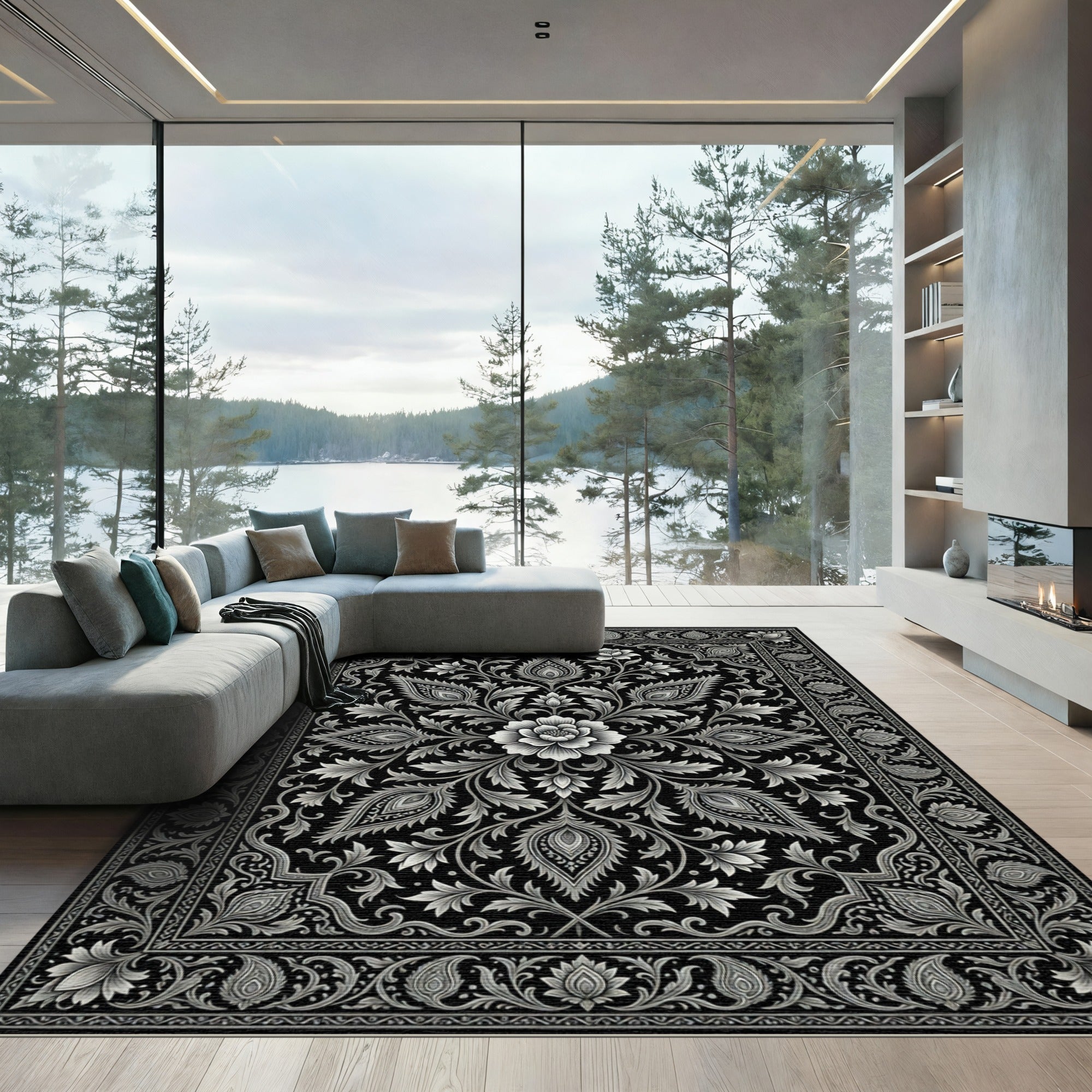 Elegant Monochrome Floral Paisley Medallion Rug