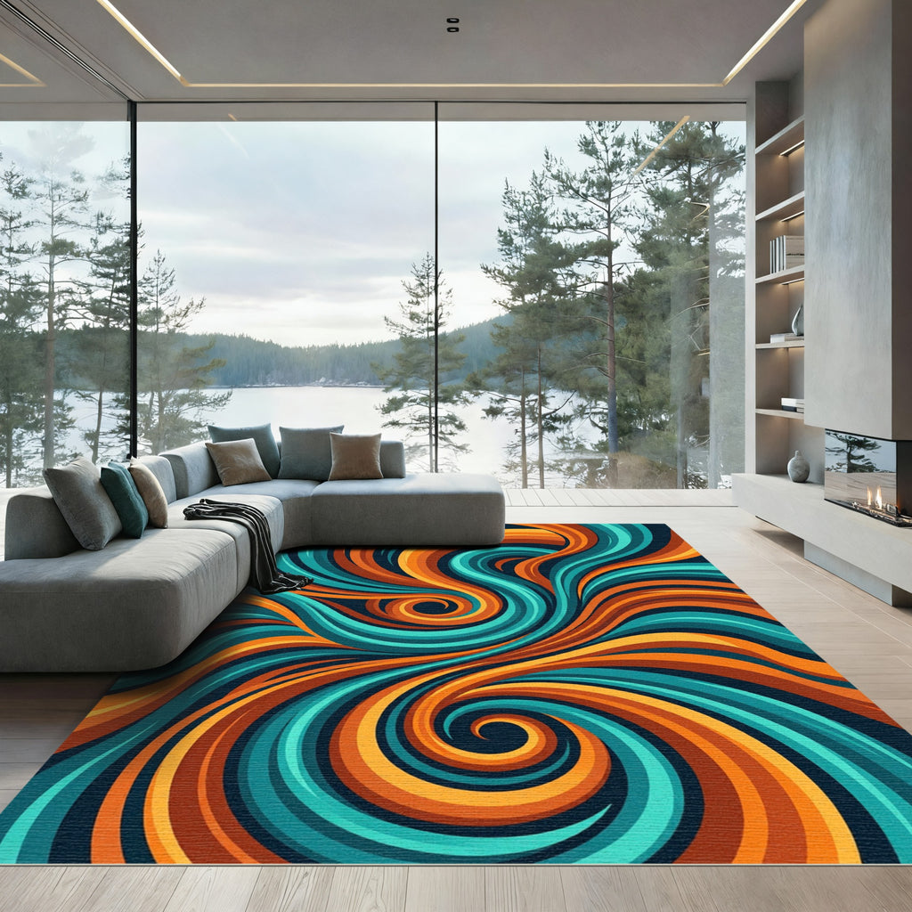Swirling Teal and Amber Abstract Flow Rug