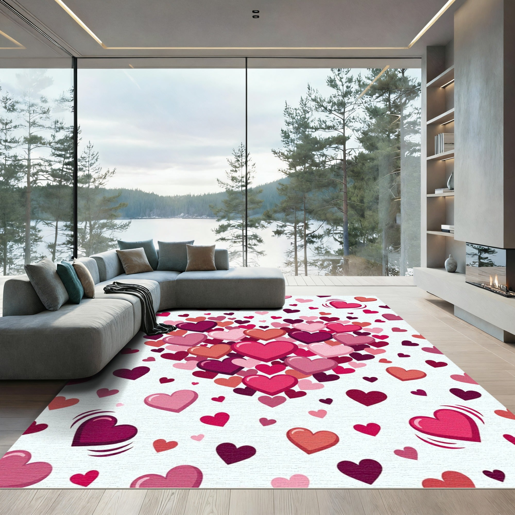 Romantic Pink and Red Floating Hearts Rug