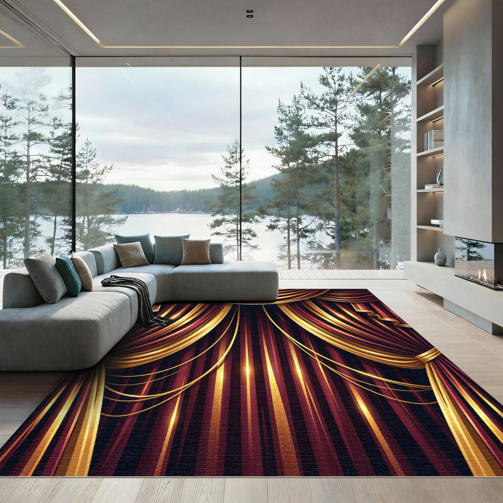 Rich Burgundy Gold Striped Velvet Drapes Rug