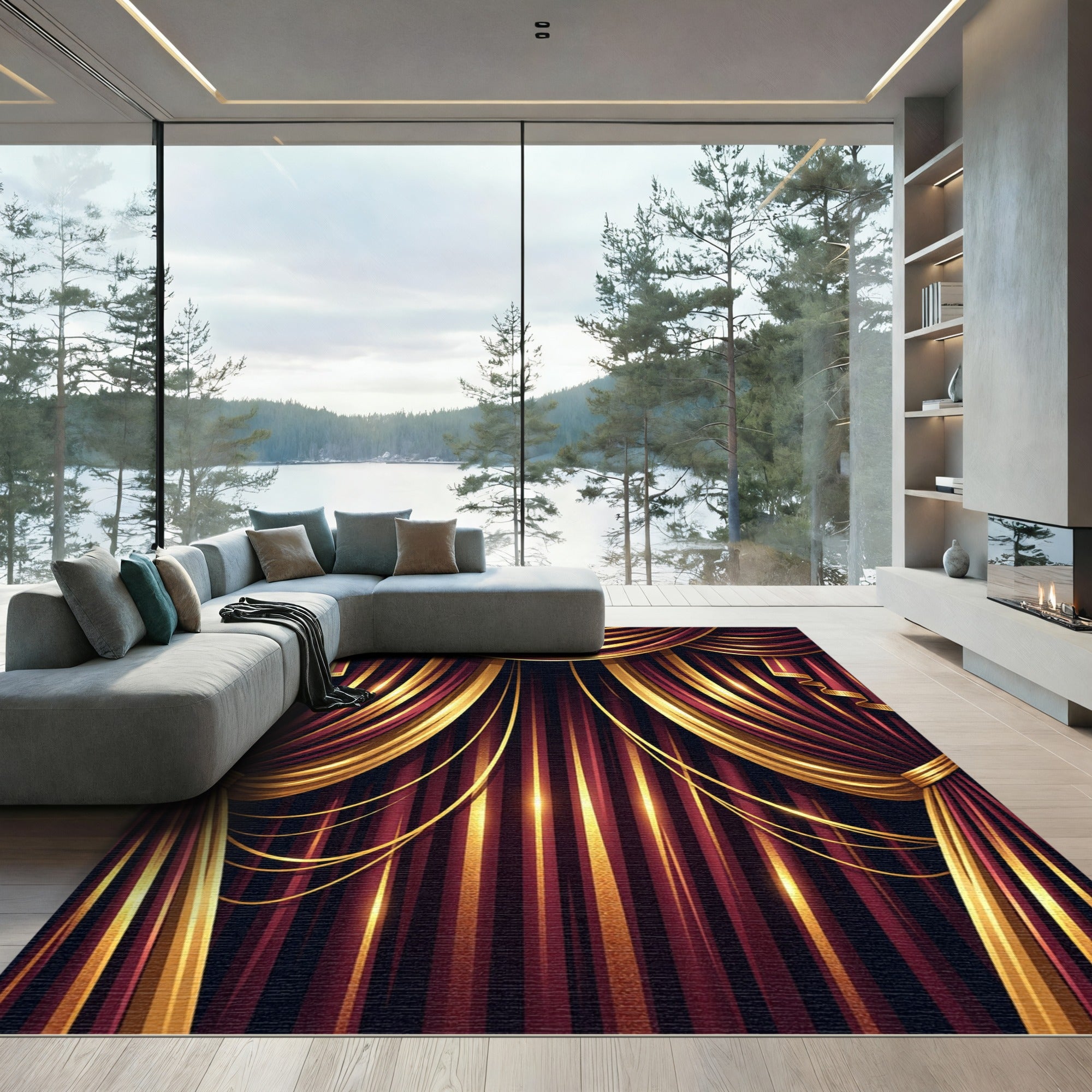 Rich Burgundy Gold Striped Velvet Drapes Rug