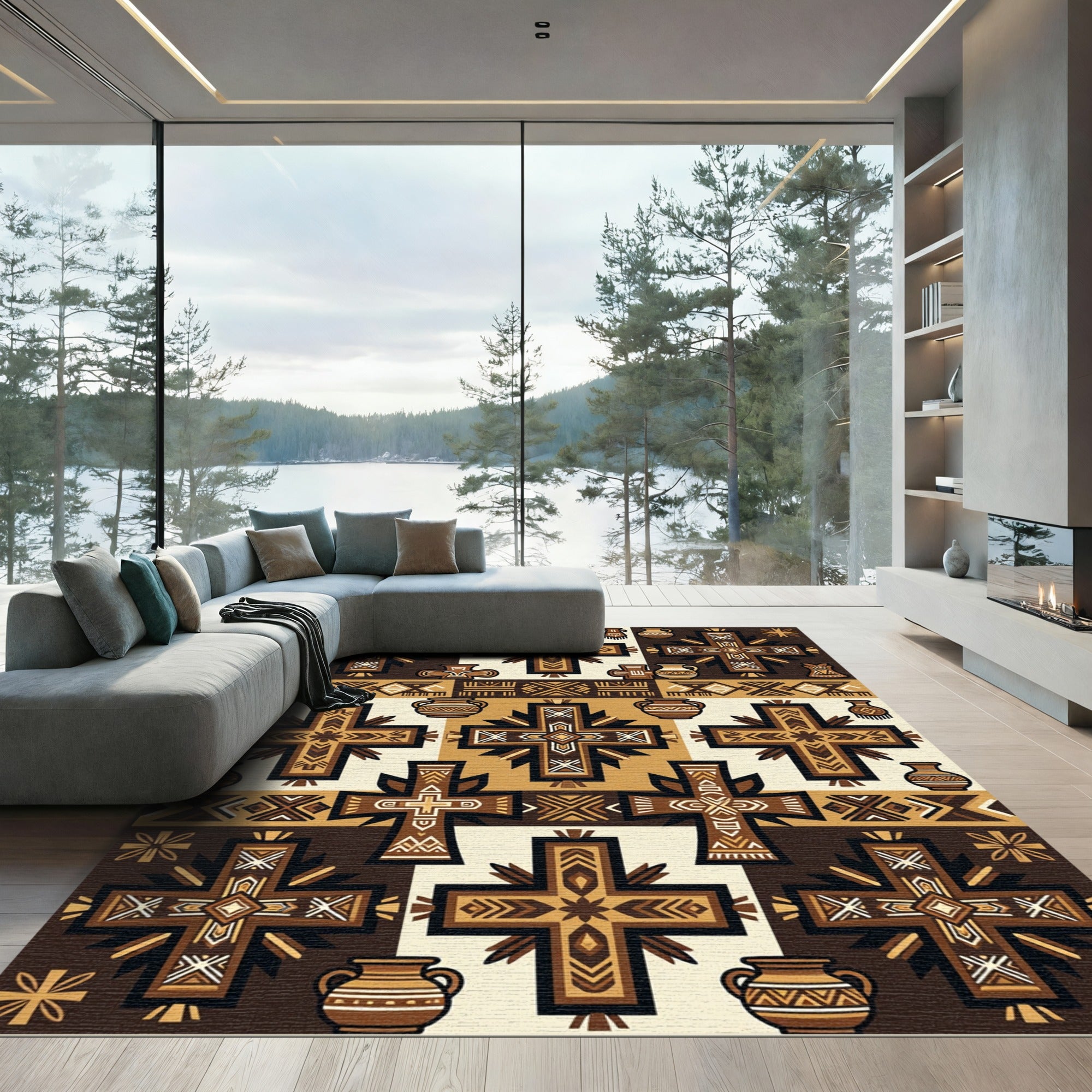 Brown Tan Cross and Pot Talavera Rug