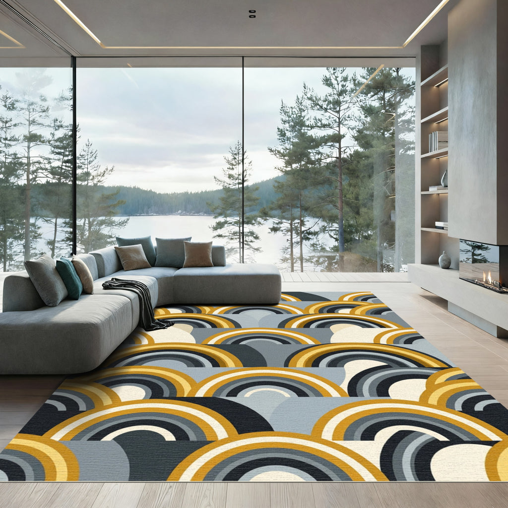Mid Century Yellow Gray Rainbow Waves Rug
