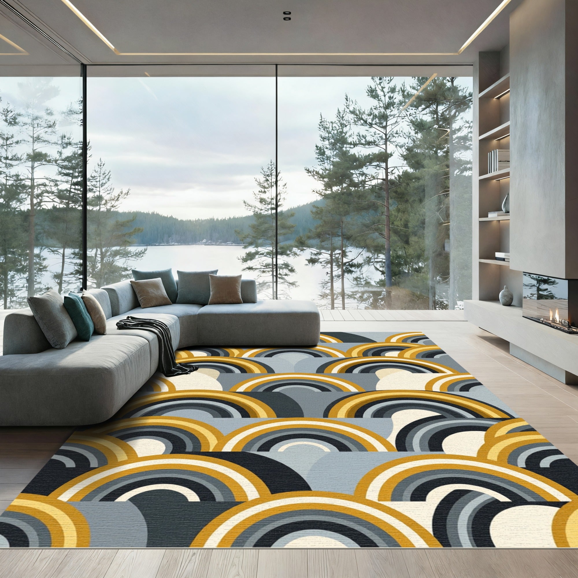 Mid Century Yellow Gray Rainbow Waves Rug