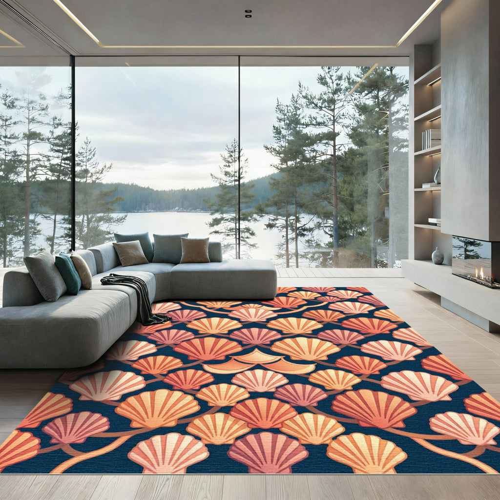Scallop Shell Coastal Navy Gold Wallpaper Rug