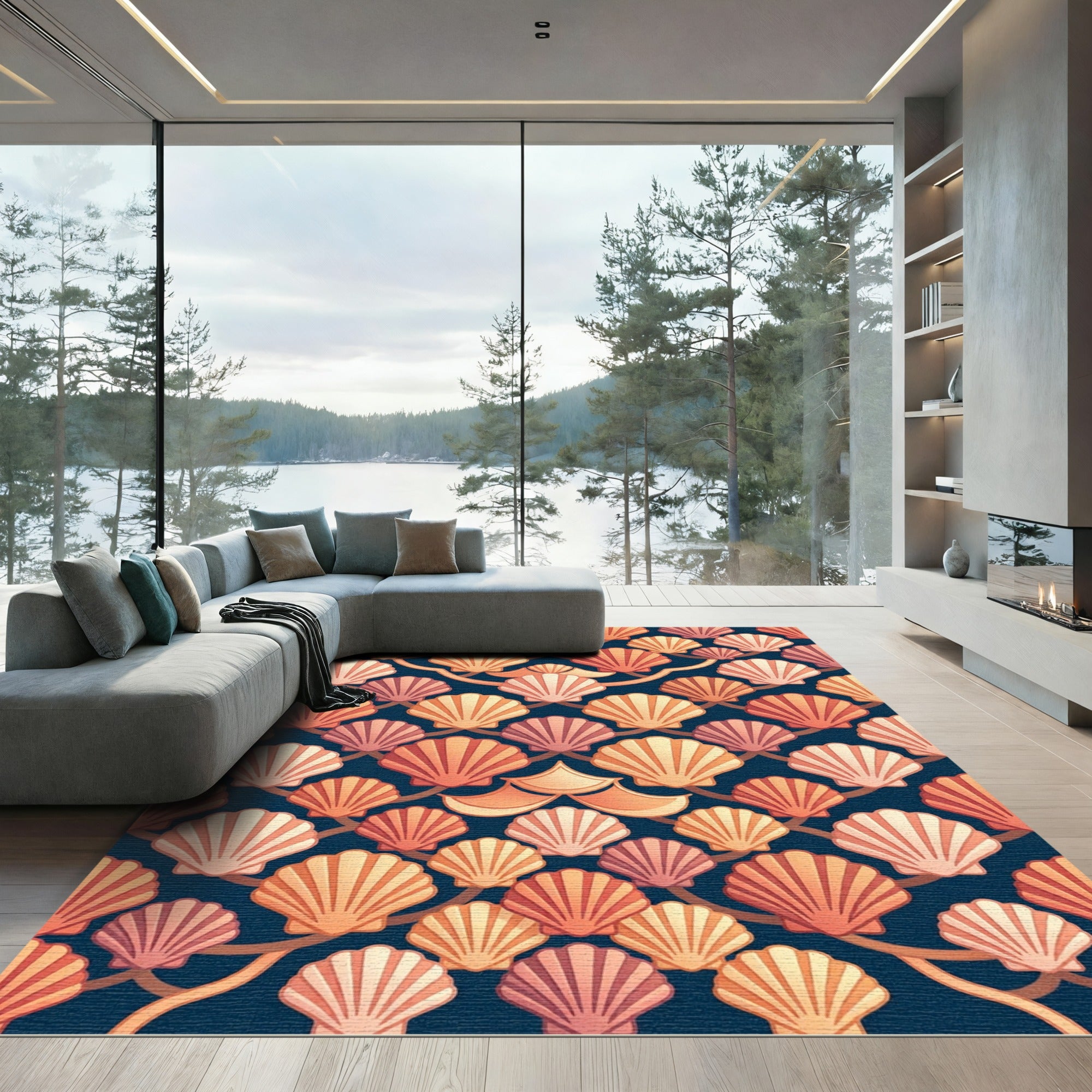 Scallop Shell Coastal Navy Gold Wallpaper Rug