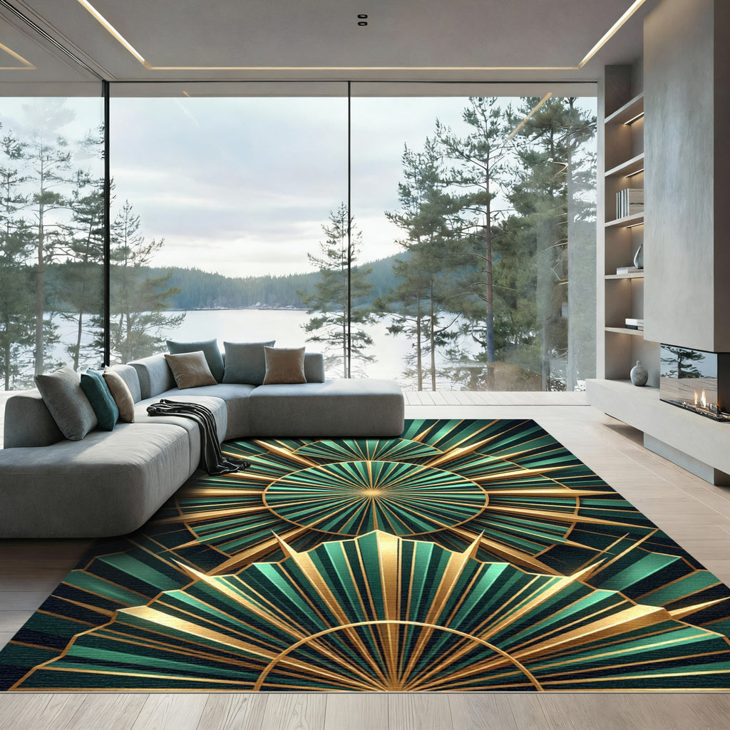 Emerald Gold Art Deco Sunburst Rug