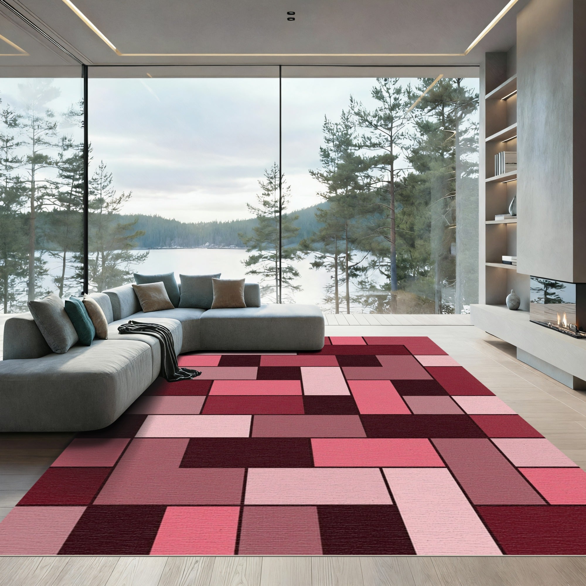 Crimson Pink Geometric Rectangles Rug