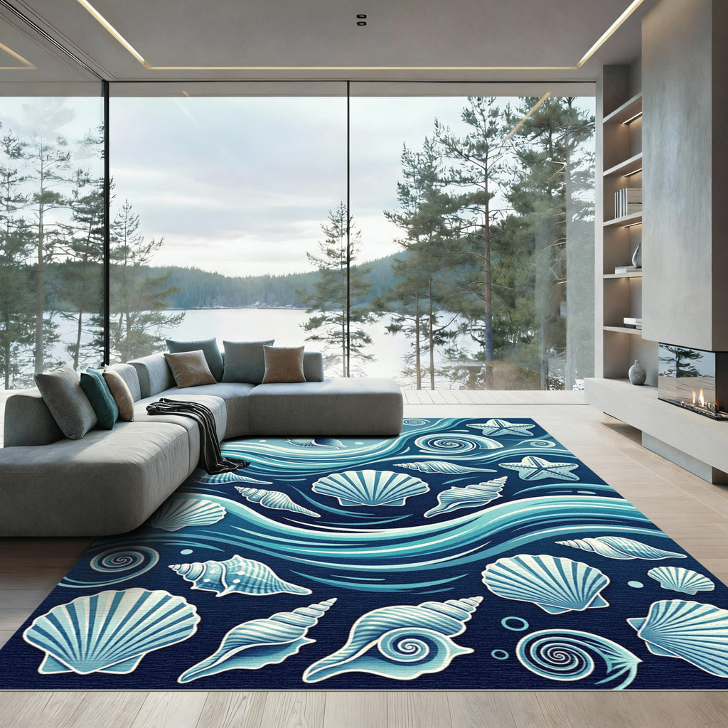 Ocean Blue Seashell Waves Starfish Rug