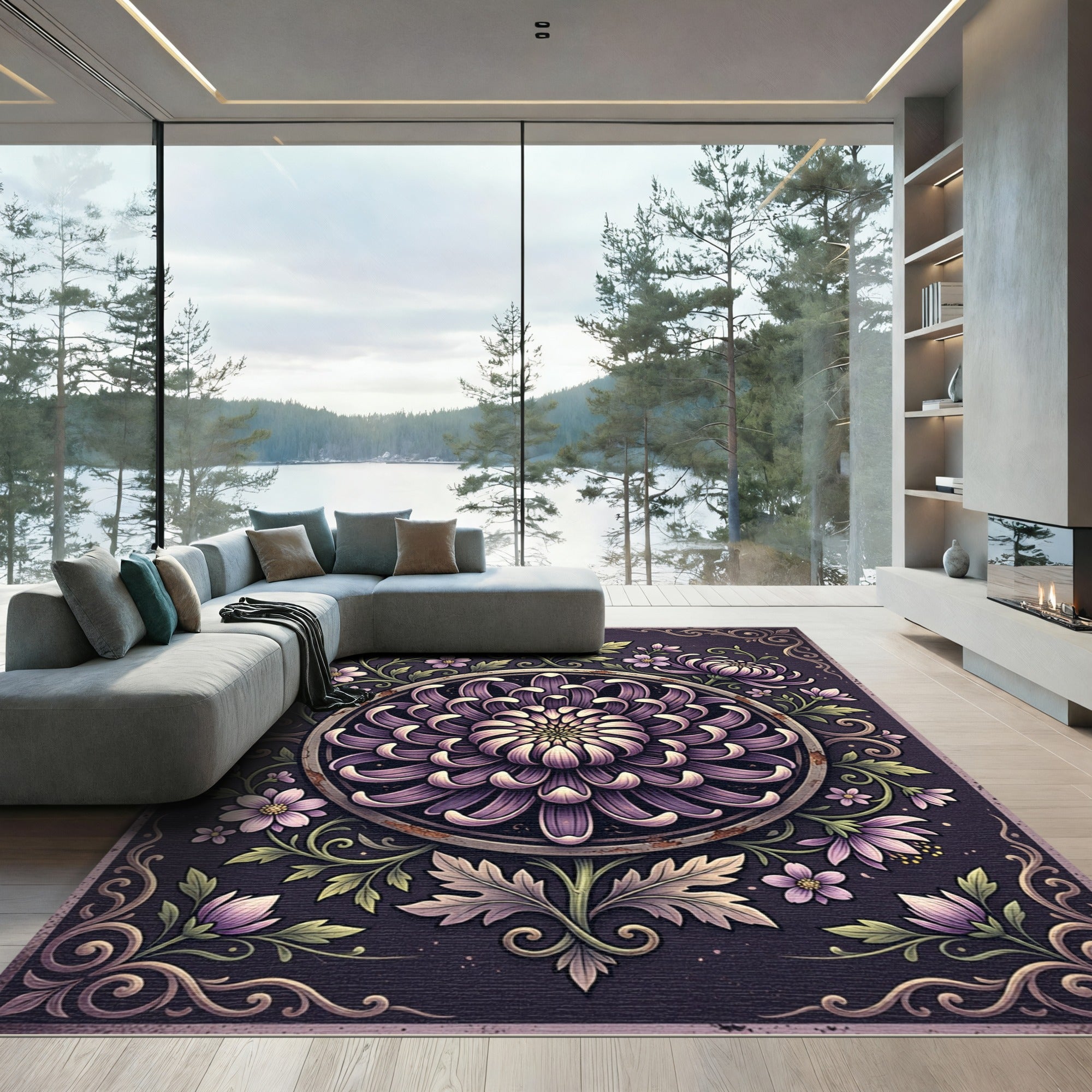 Elegant Violet Chrysanthemum Floral Medallion Rug