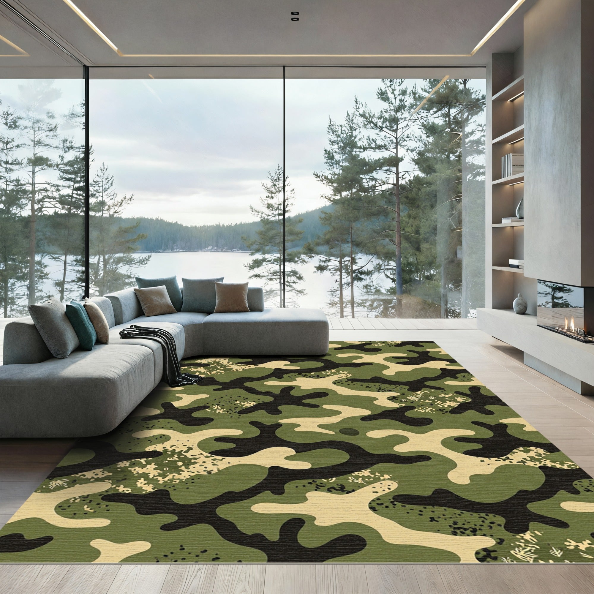 Classic Green Earthy Camouflage Organic Shape Rug