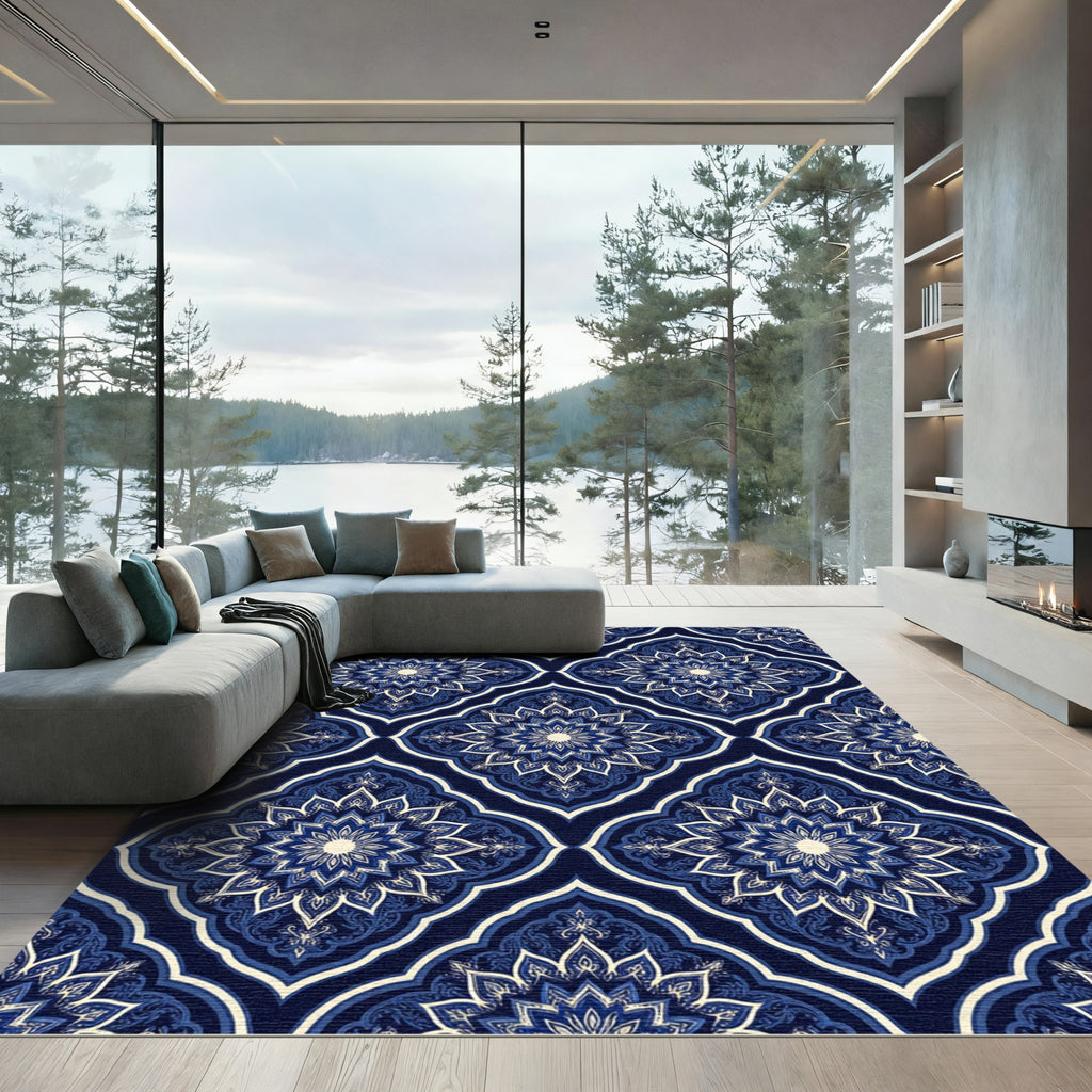 Midnight Blue Floral Mandala Trellis Rug