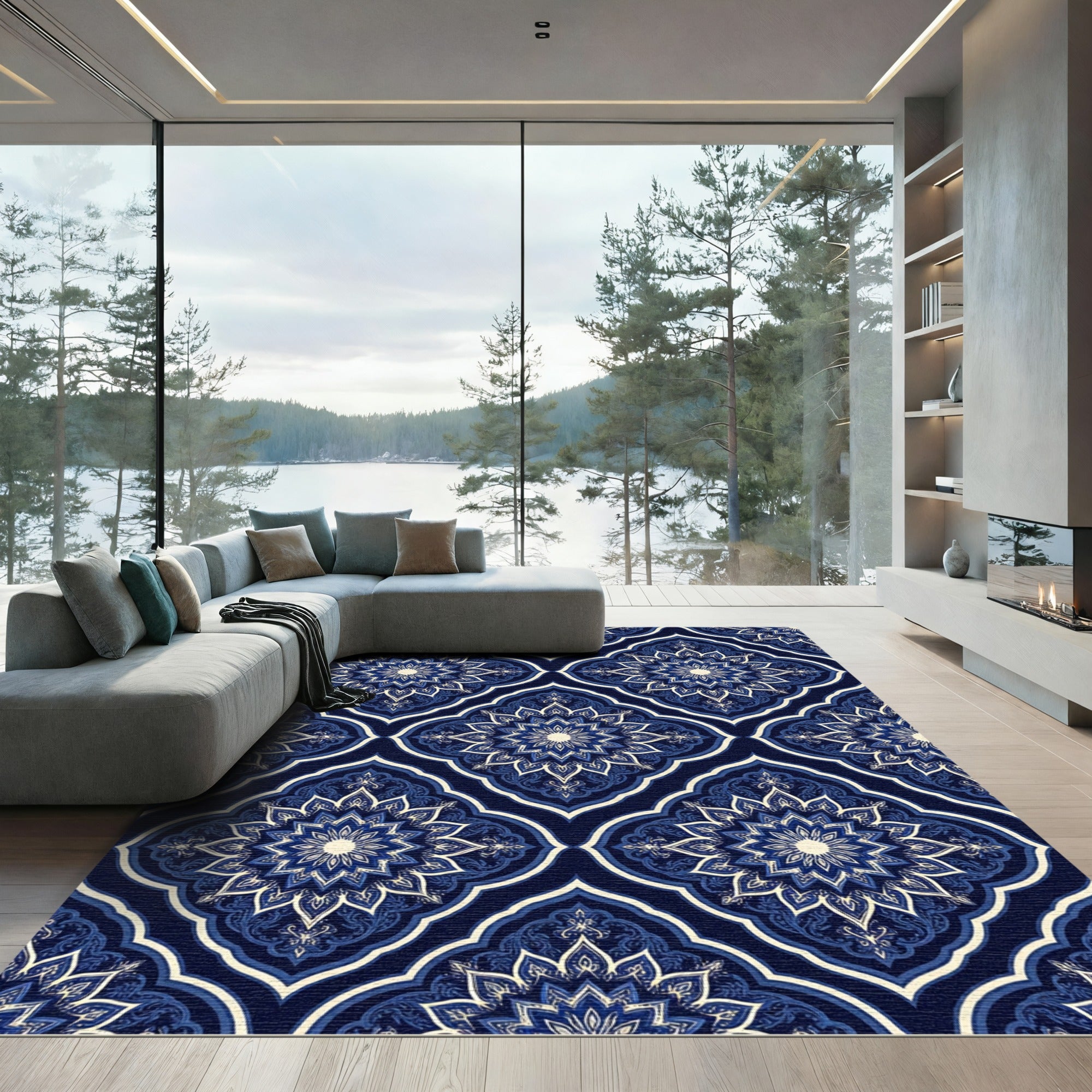 Midnight Blue Floral Mandala Trellis Rug