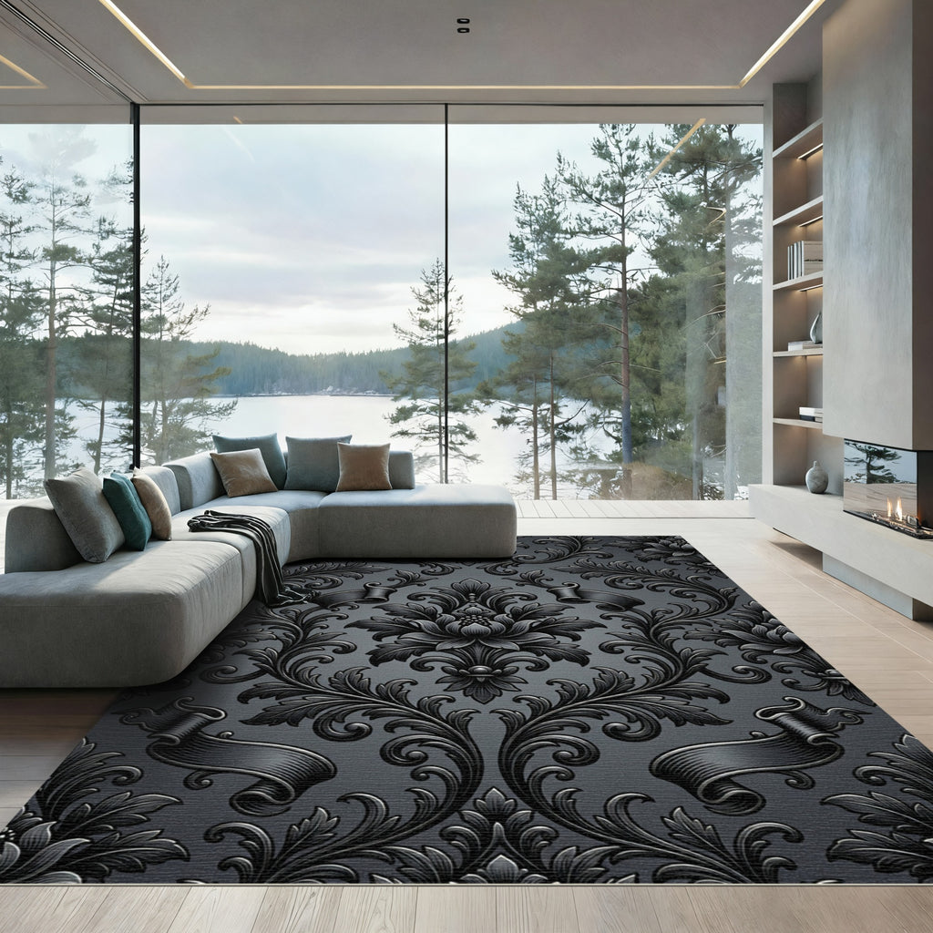 Ornate Dark Gray Floral Scroll Rug