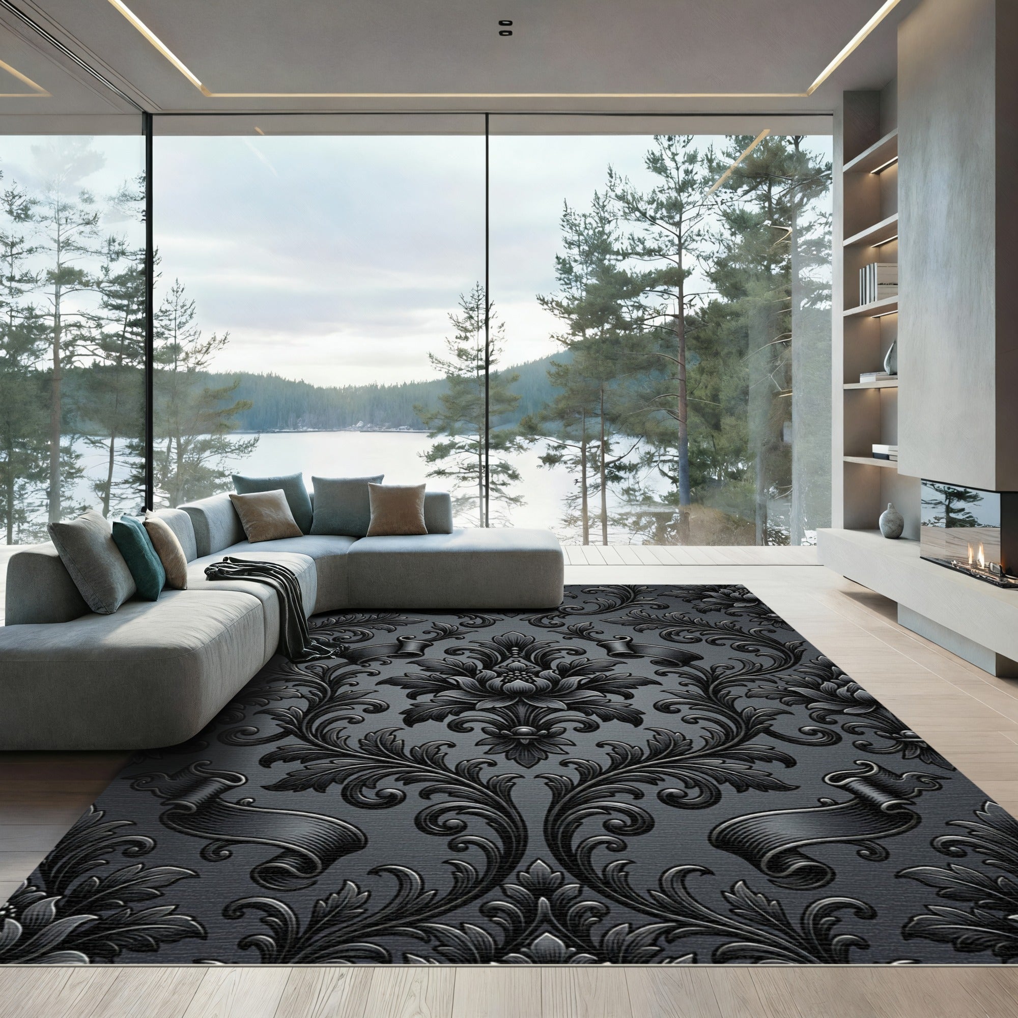 Ornate Dark Gray Floral Scroll Rug