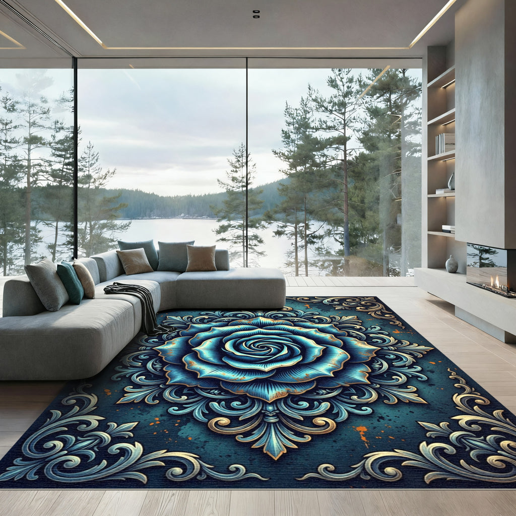 Aqua Blue Floral Medallion Brocade Rug