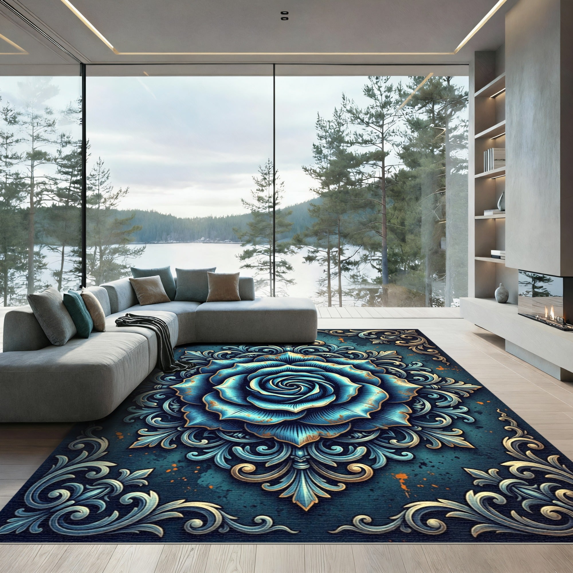 Aqua Blue Floral Medallion Brocade Rug