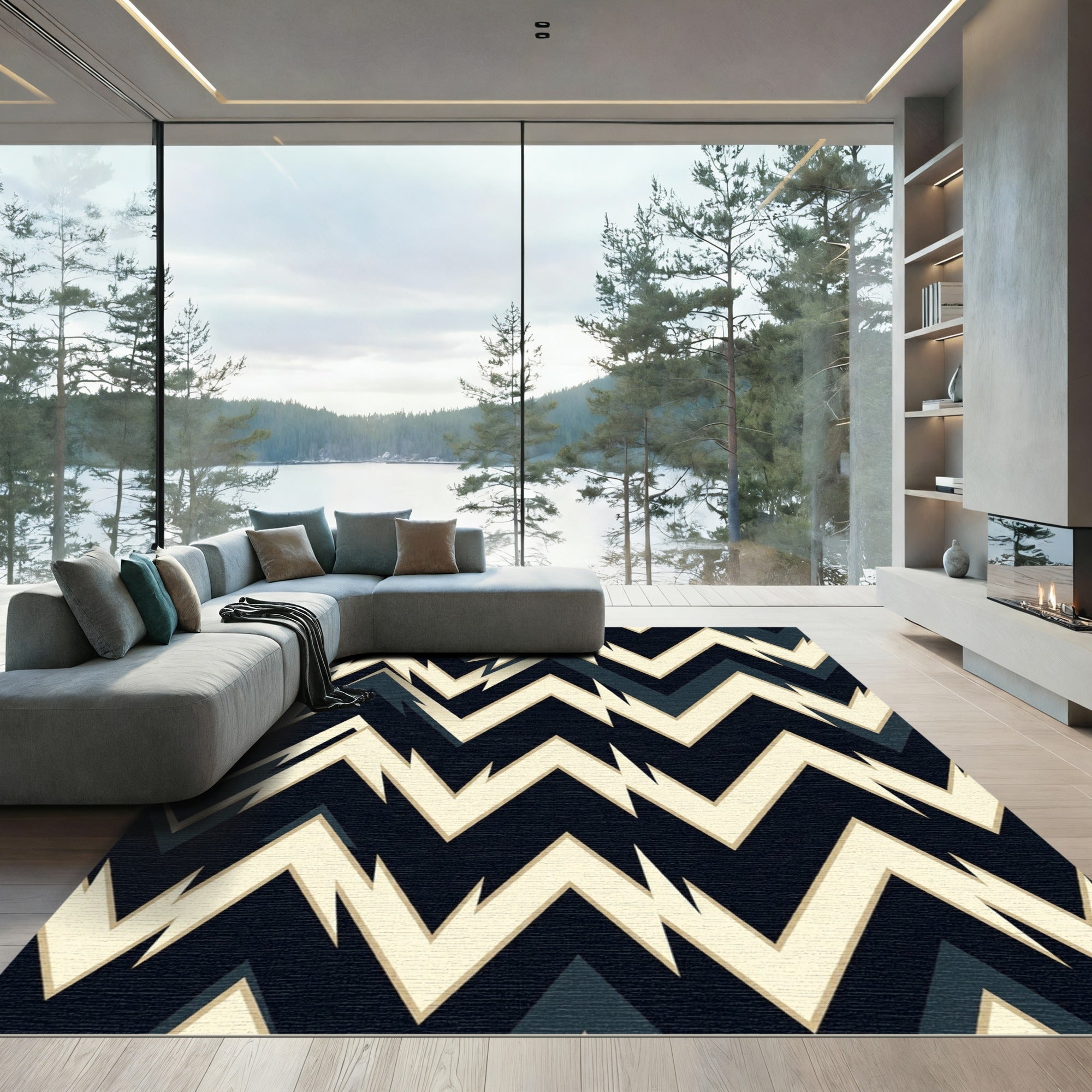 Navy Cream Jagged Chevron Rug