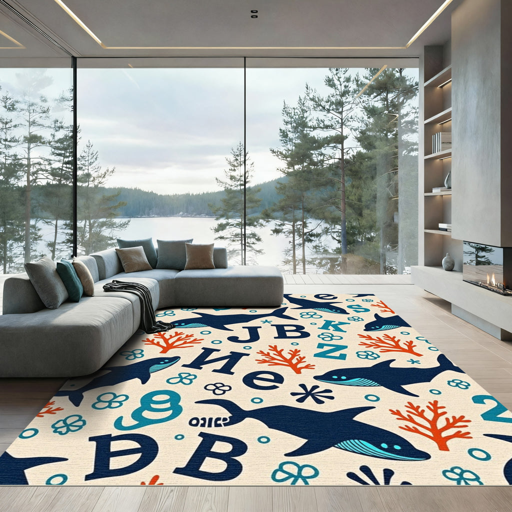 Navy Blue Whale Coral Alphabet Collage Rug