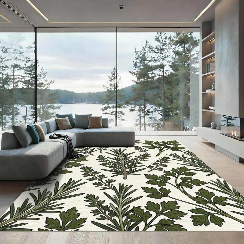Dark Green Herb Sprig Cream Collage Rug