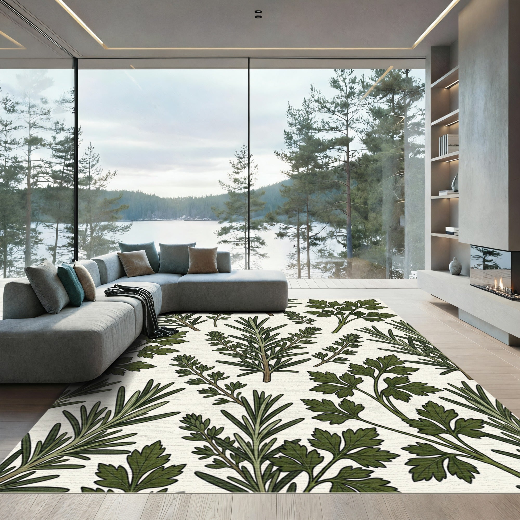 Dark Green Herb Sprig Cream Collage Rug
