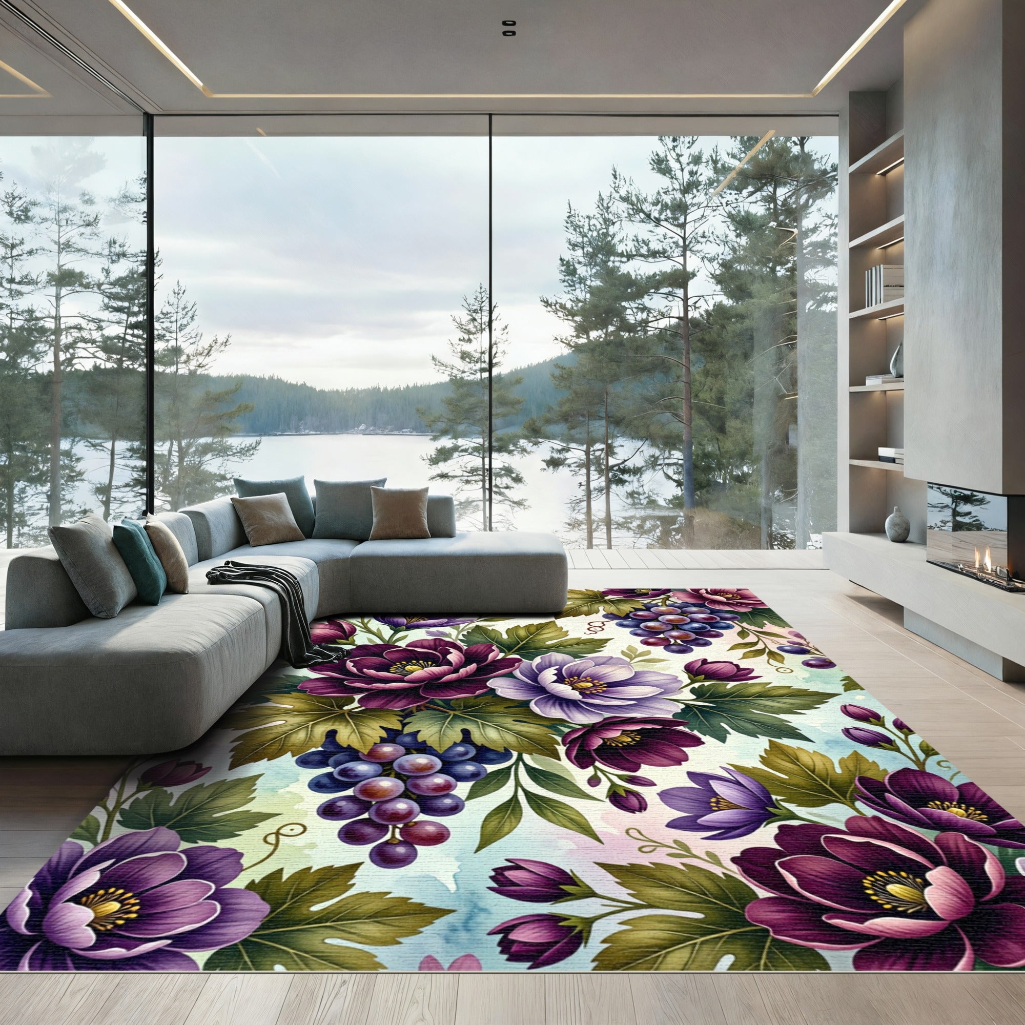 Plum Grape Blossom Watercolor Burst Rug