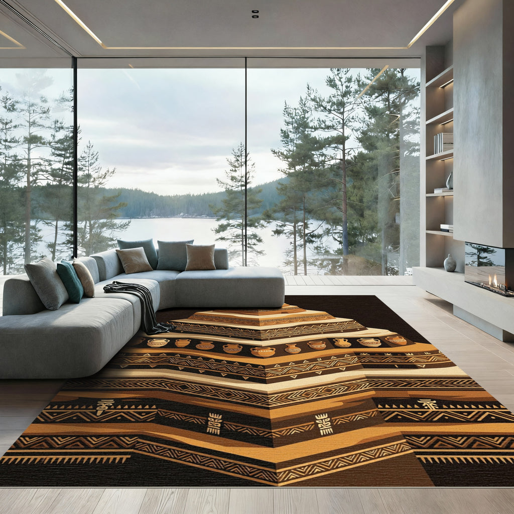 Earthy Terracotta Stepped Ancient Pottery Rug