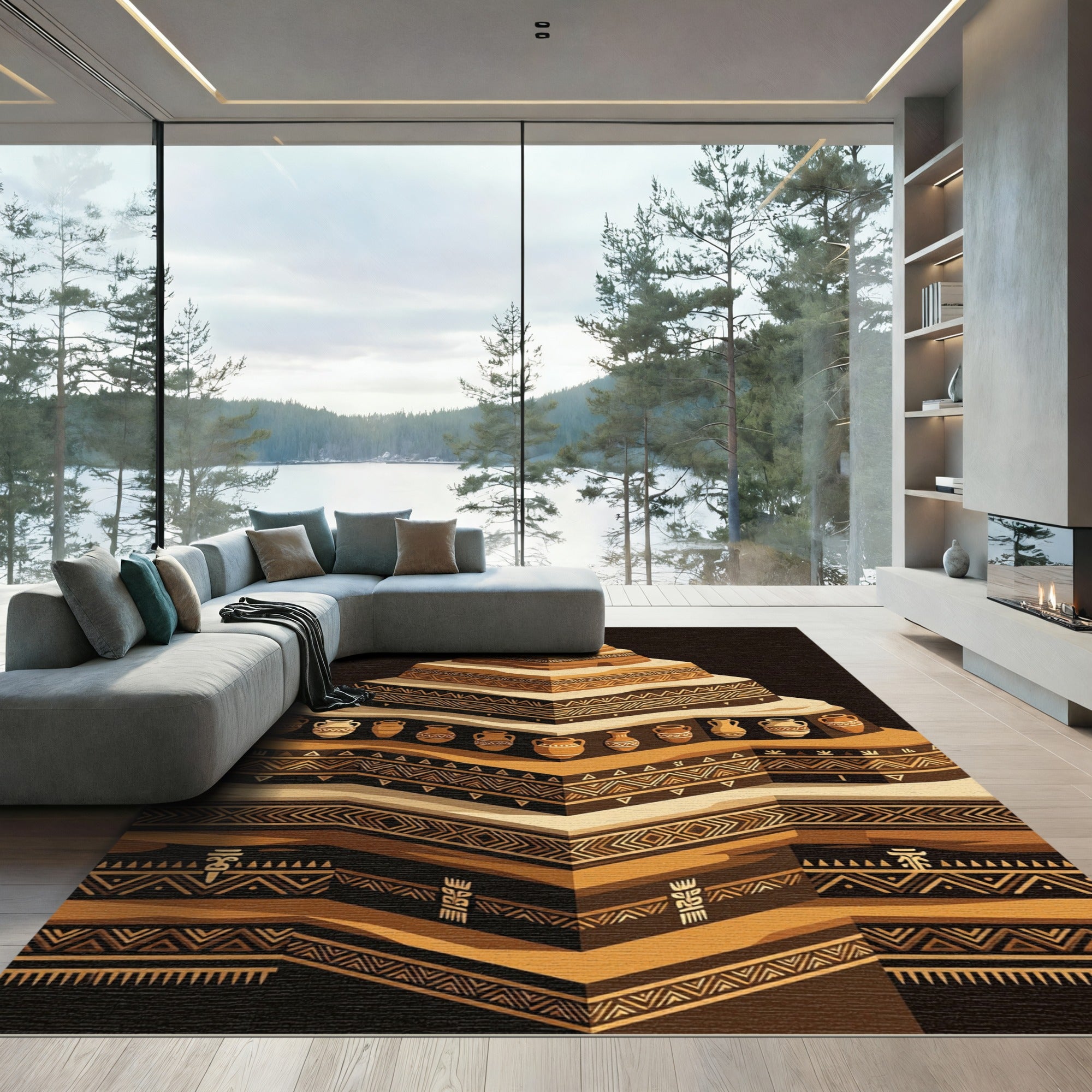 Earthy Terracotta Stepped Ancient Pottery Rug