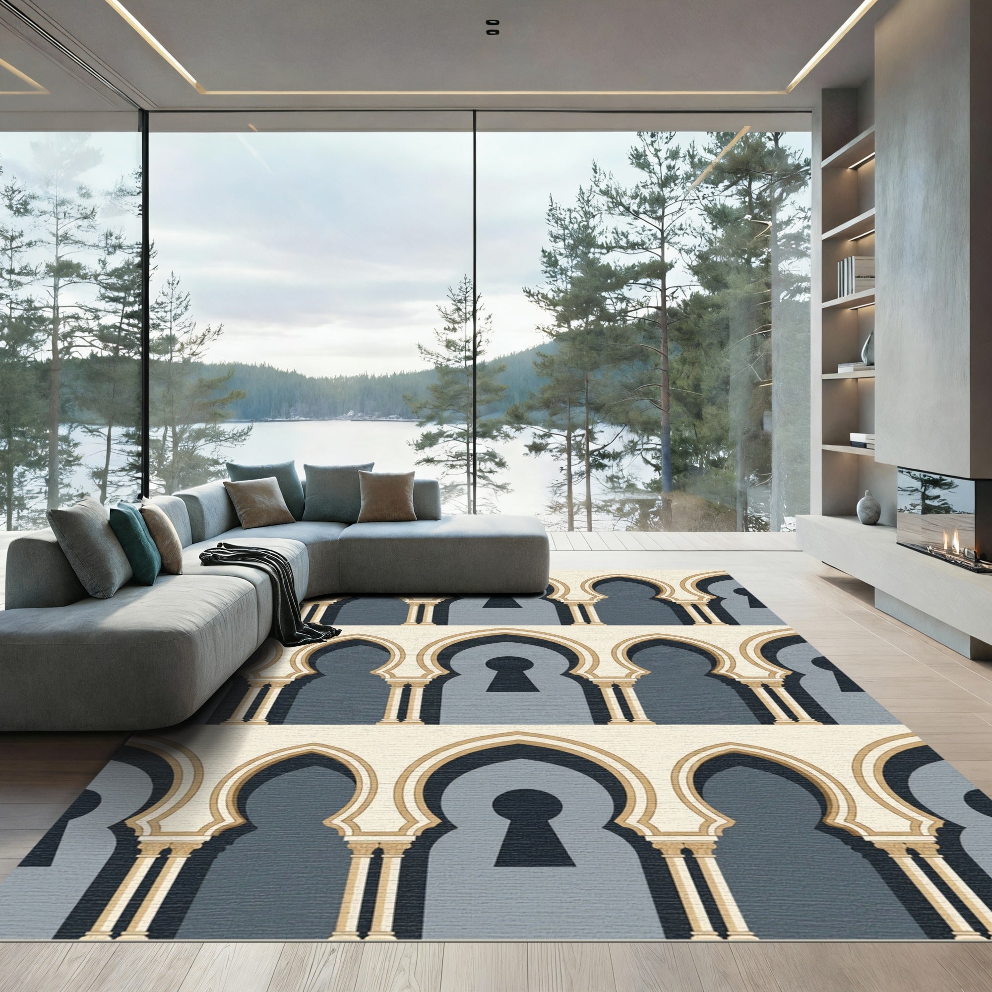 Archways Cream Blue Geometric Motif Rug