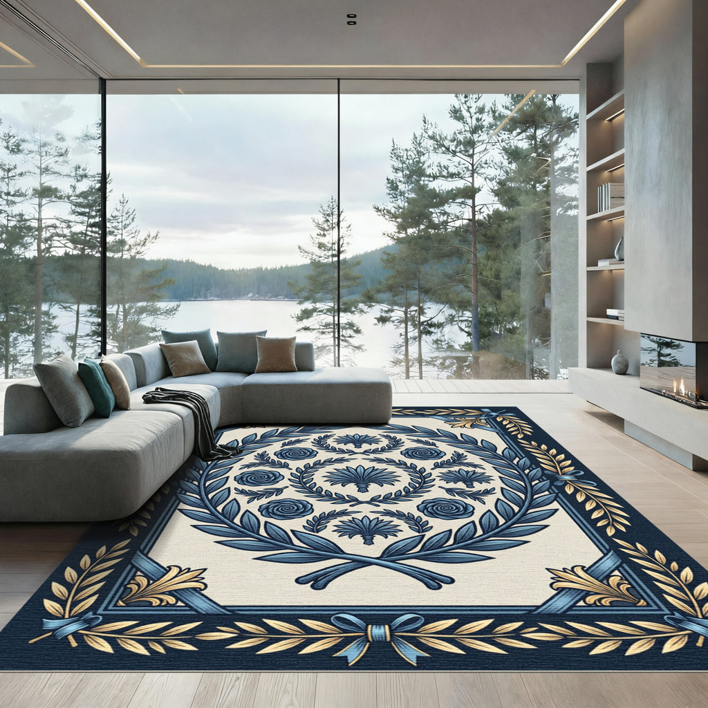 Grand Blue Gold Laurel Rose Wreath Rug