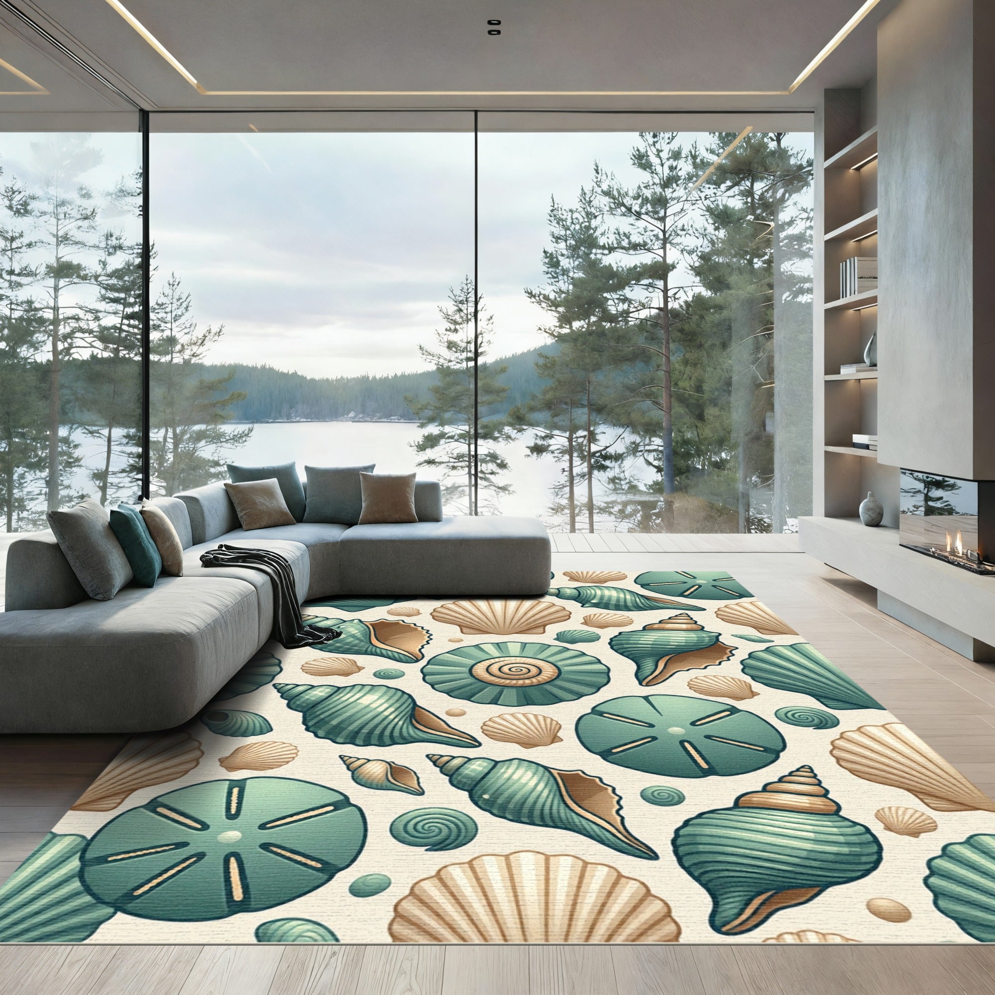 Coastal Teal And Tan Seashell Collage Rug