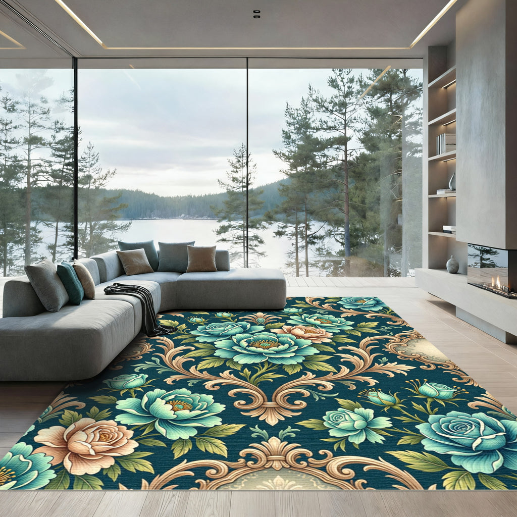 Teal Floral Scroll Baroque Rug