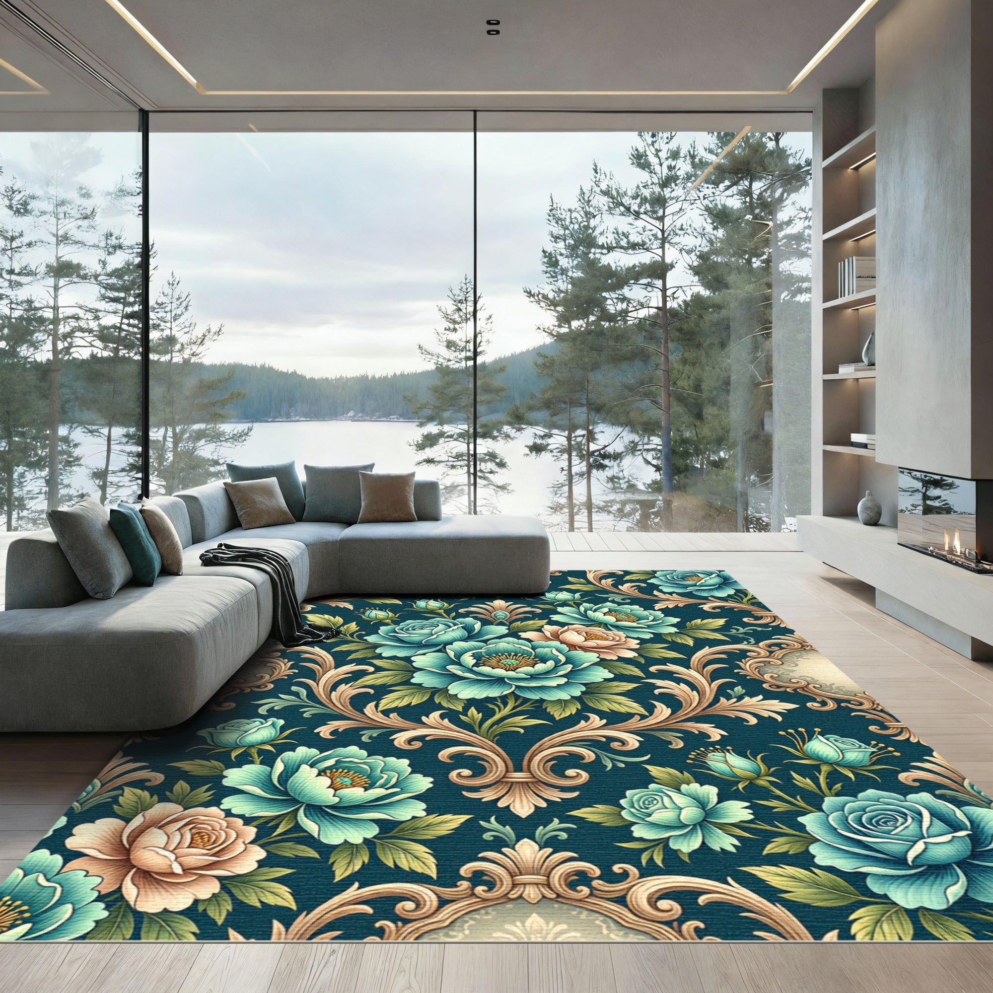 Teal Floral Scroll Baroque Rug