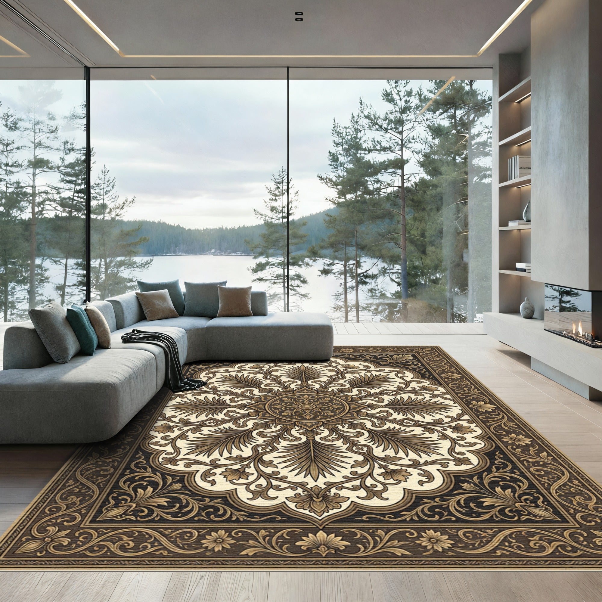 Classic Floral Medallion Brown Ivory Rug