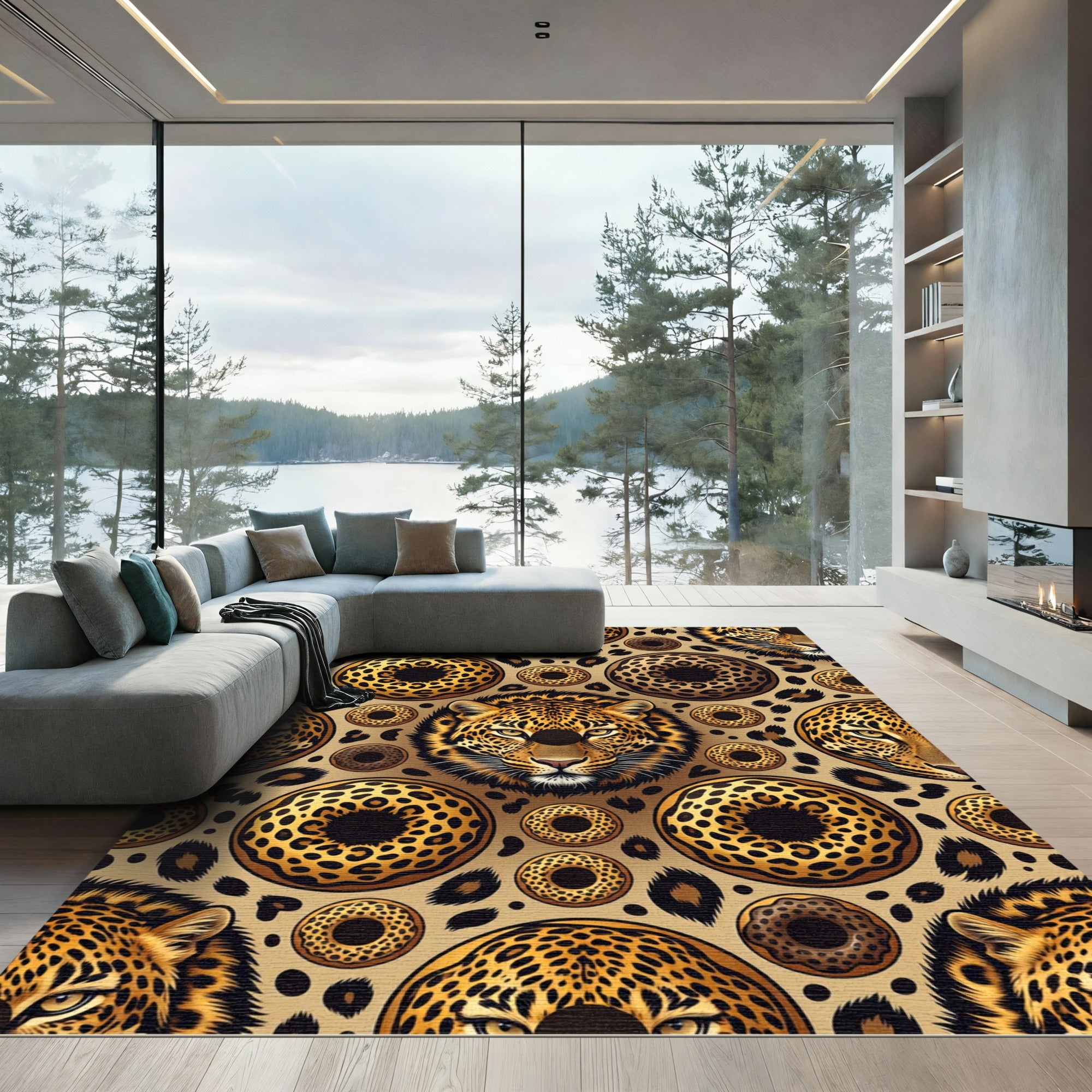 Golden Leopard Head and Donut Repeat Rug