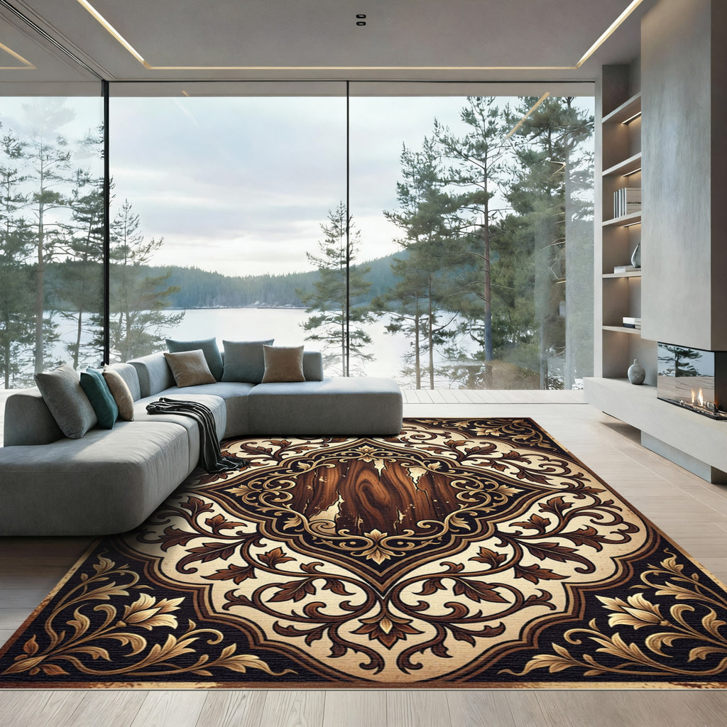 Elegant Dark Chocolate Floral Scrollwork Rug