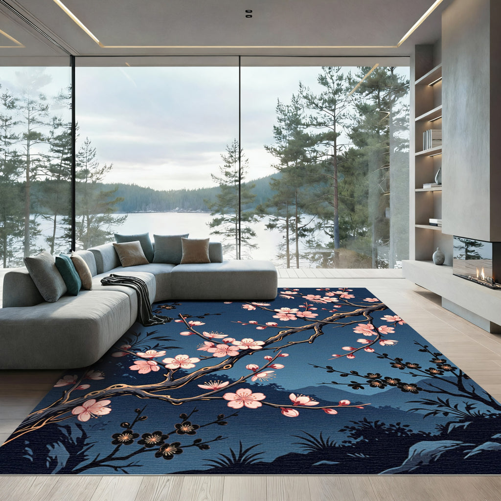 Midnight Blossoming Plum Branch Wall Art Rug