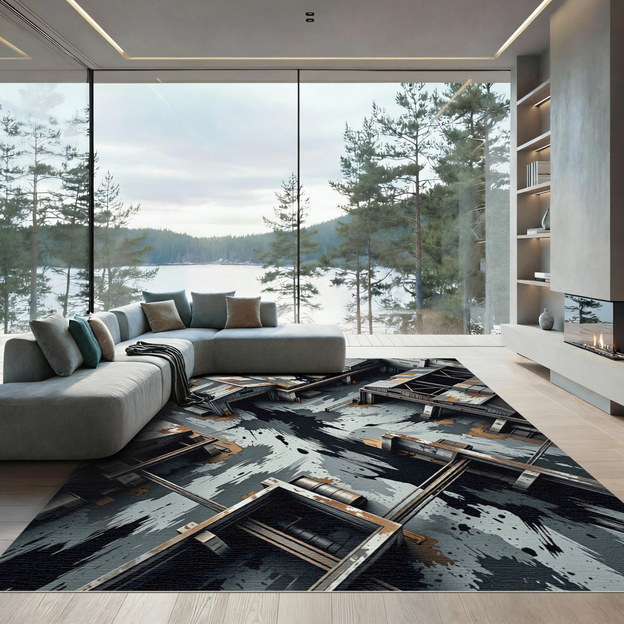 Industrial Monochrome Distressed Urban Grunge Rug