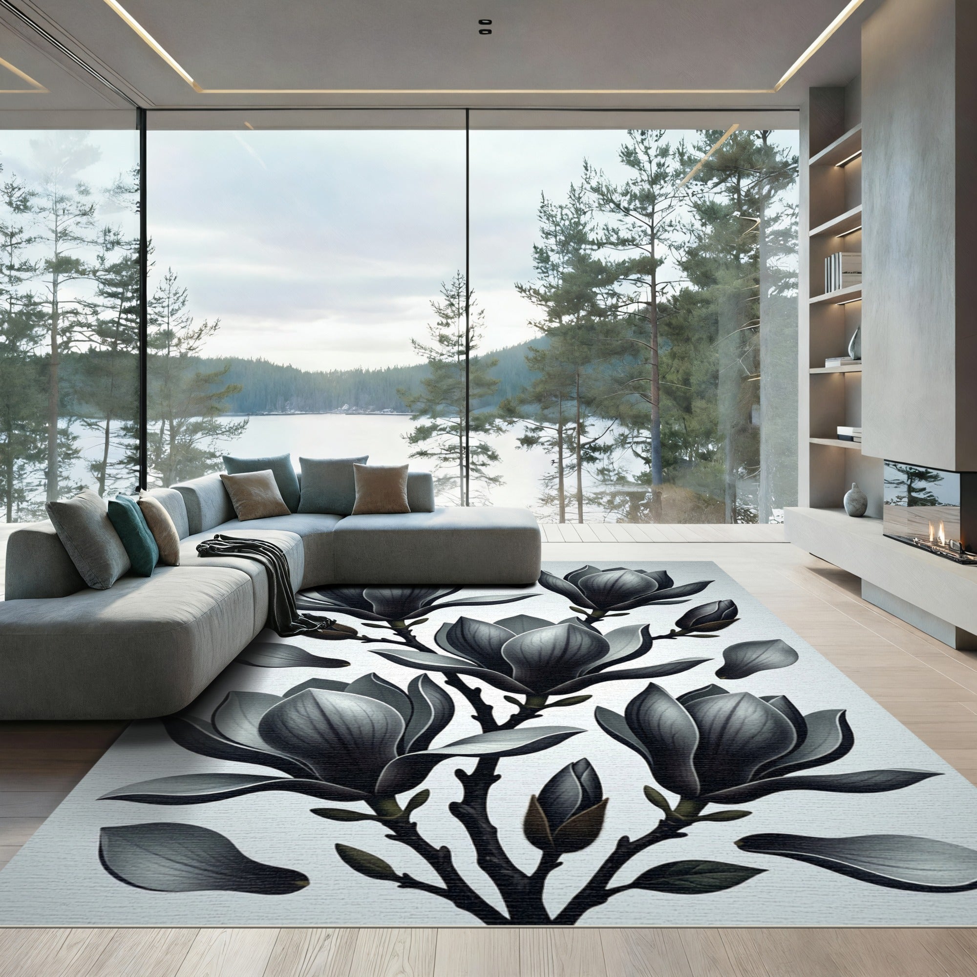 Dark Gray Magnolia Blossoms Branches Rug