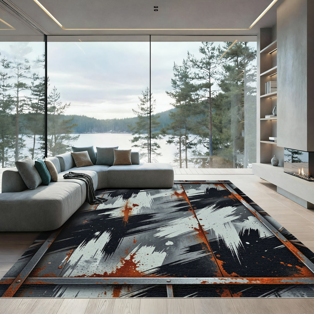 Industrial Black White Grunge Steel Art Rug