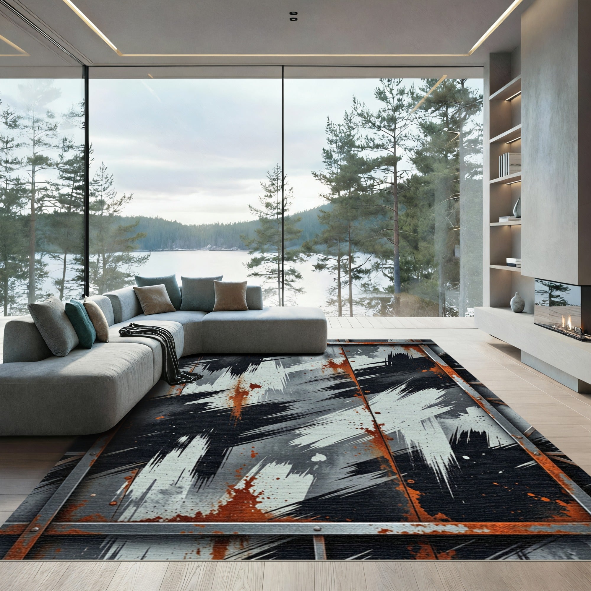 Industrial Black White Grunge Steel Art Rug