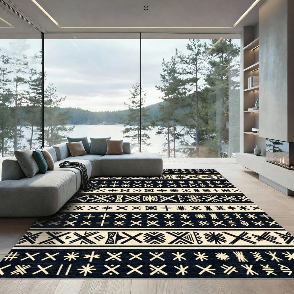 Ethnic Black Cream Geometric Stripe Rug