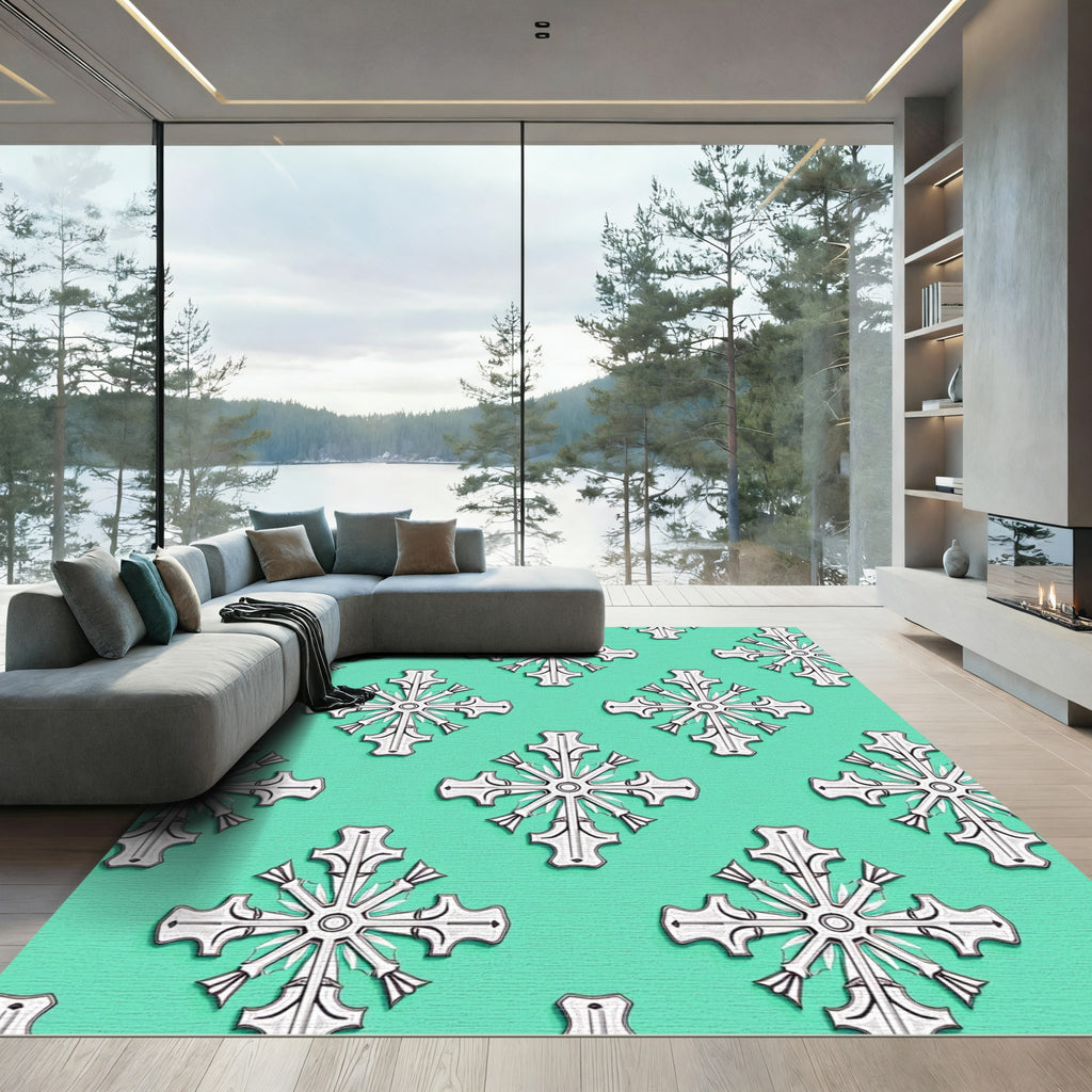 White Cross Medallion Teal Background Rug