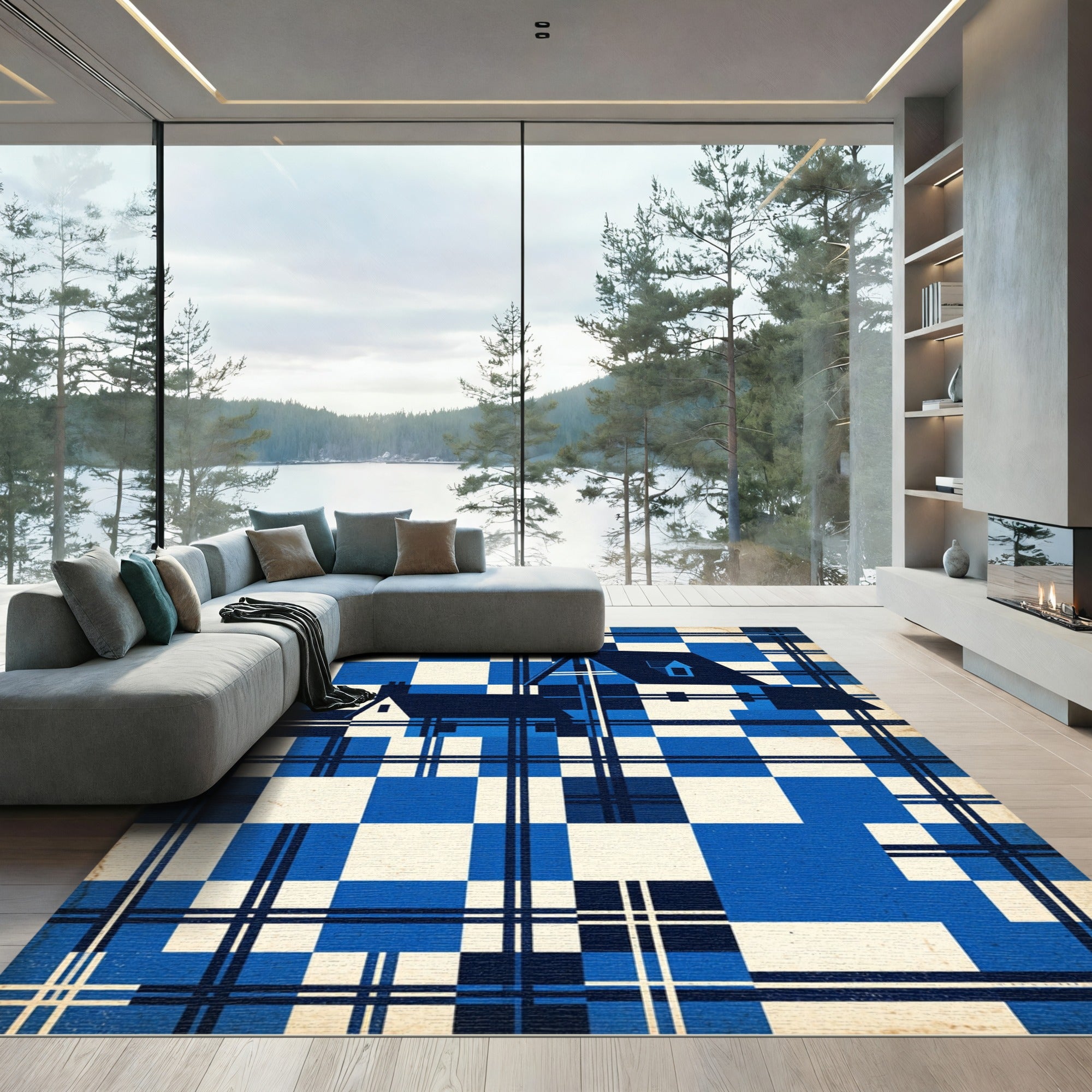 Blue Plaid Houses Abstract Rug