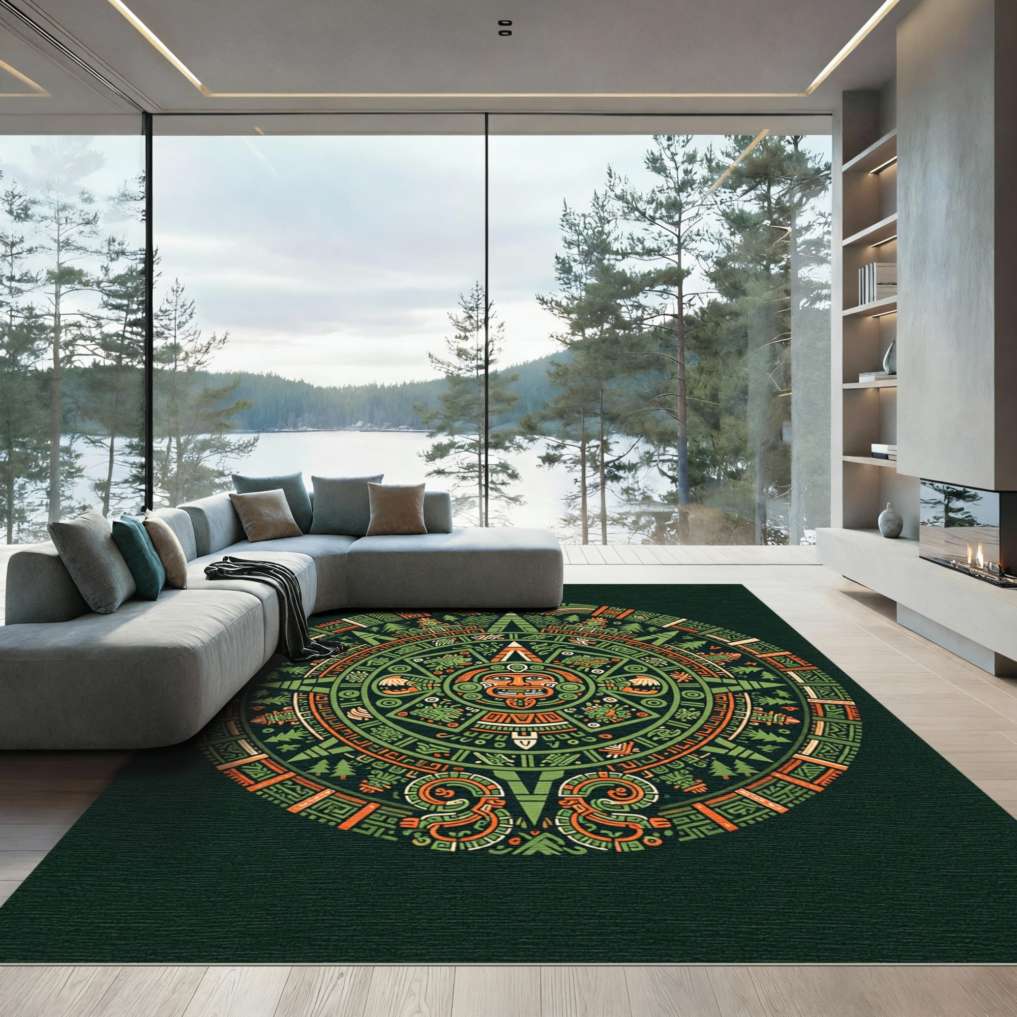 Ancient Sun Stone Green Orange Circle Rug