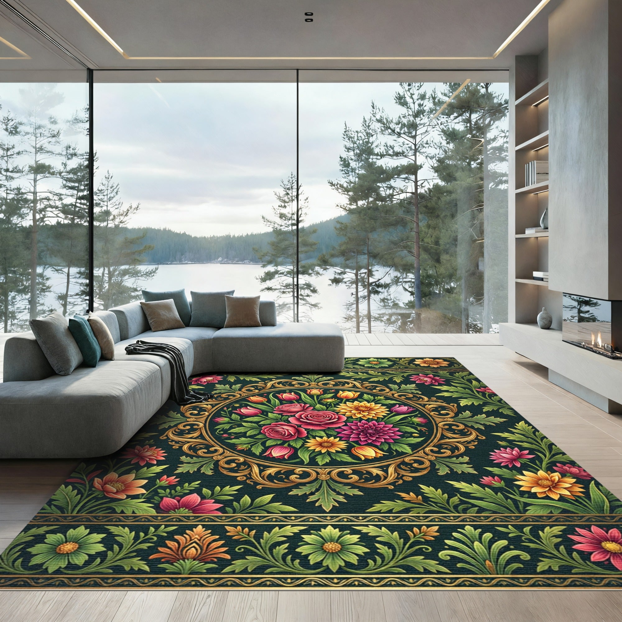 Ornate Floral Medallion Dark Emerald Rug