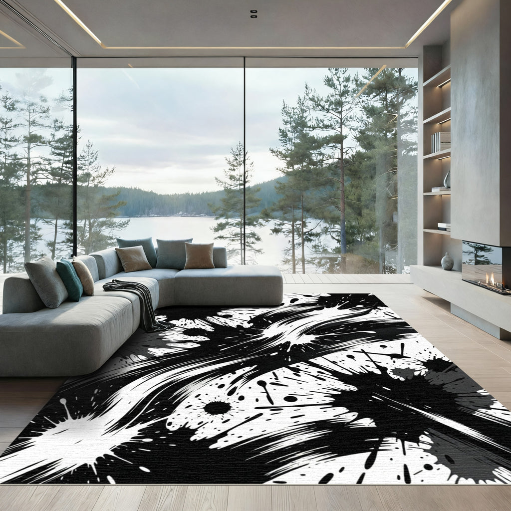 Dynamic Black and White Ink Splash Rug