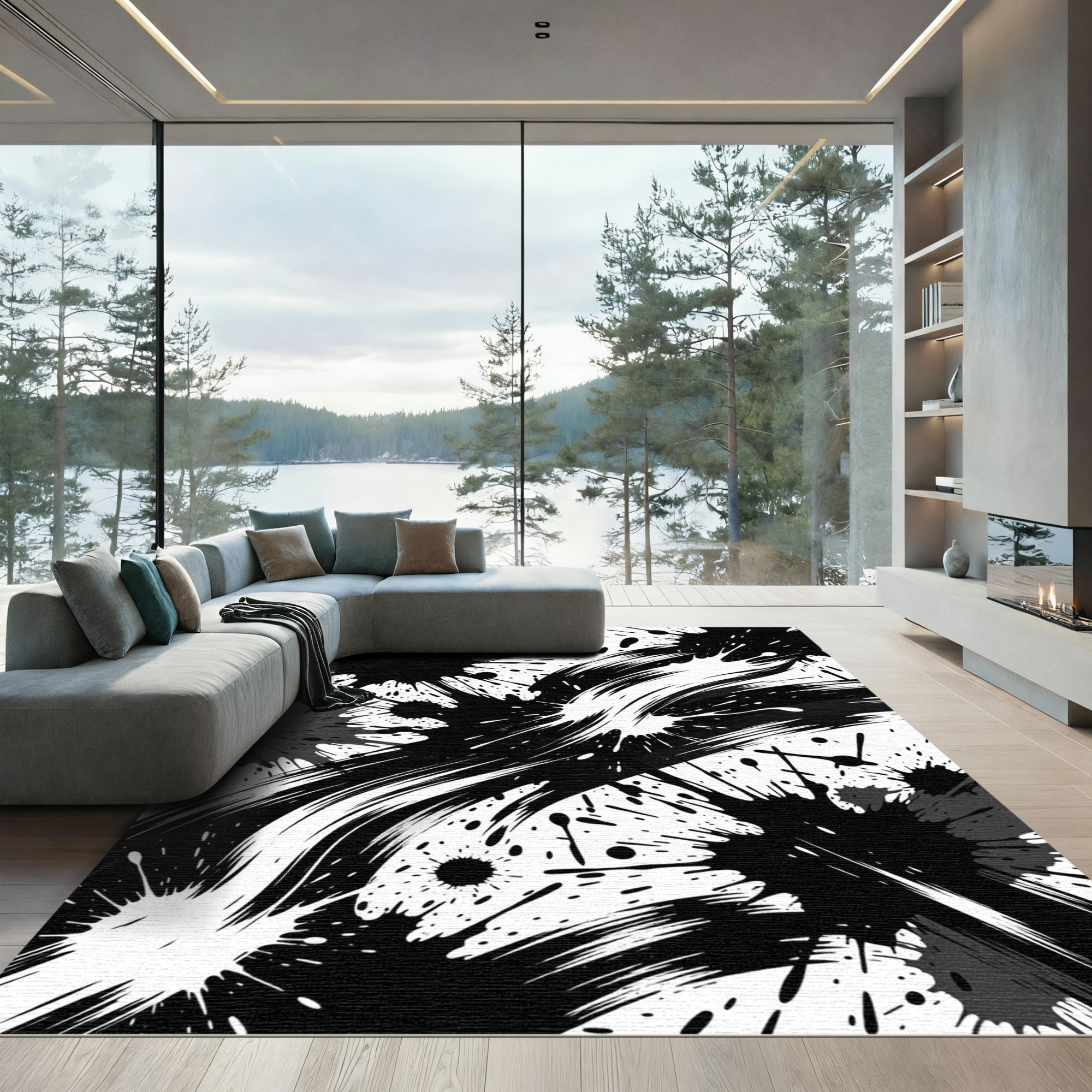 Dynamic Black and White Ink Splash Rug