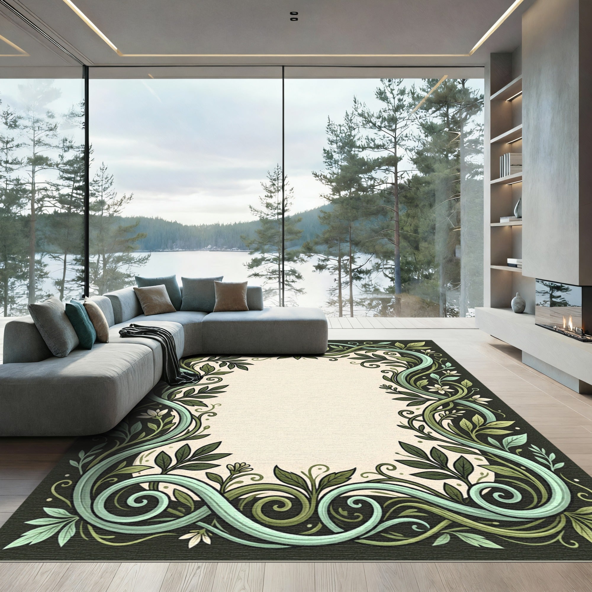 Art Nouveau Green Leaf Scroll Border Rug