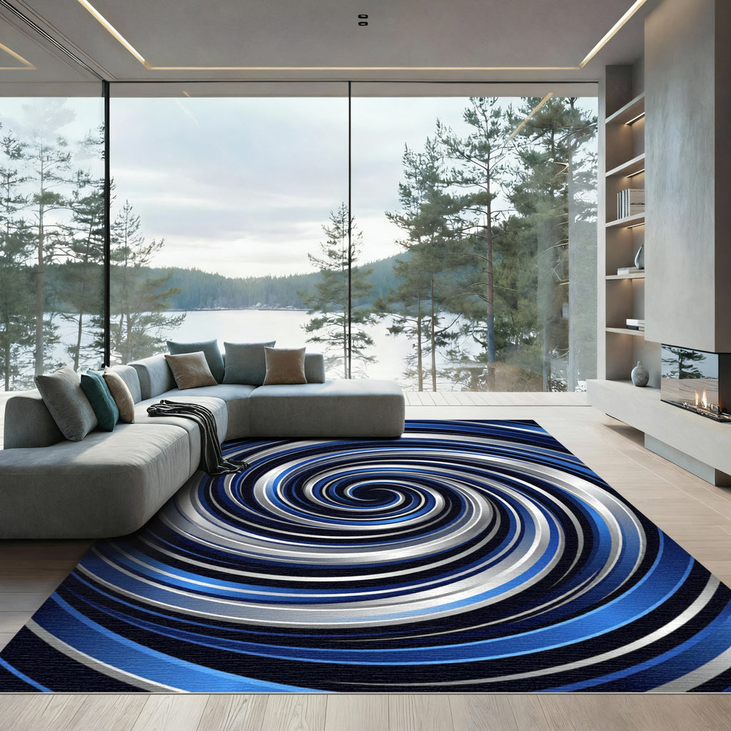 Sleek Galactic Blue And Silver Swirl Rug